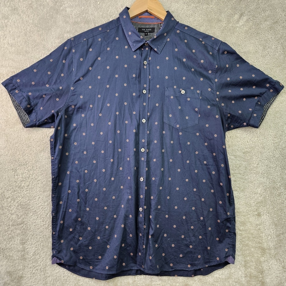 Ted Baker London Shirt Mens Size 6 XL‎ Blue Floral Button Up Short Sleeve Pocket